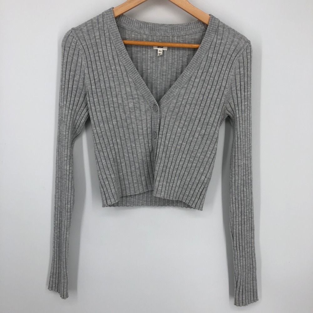 Aerie‎ Womens Crop Cardigan Size Medium Gray Ribbed Button Up Fitted Stretchy